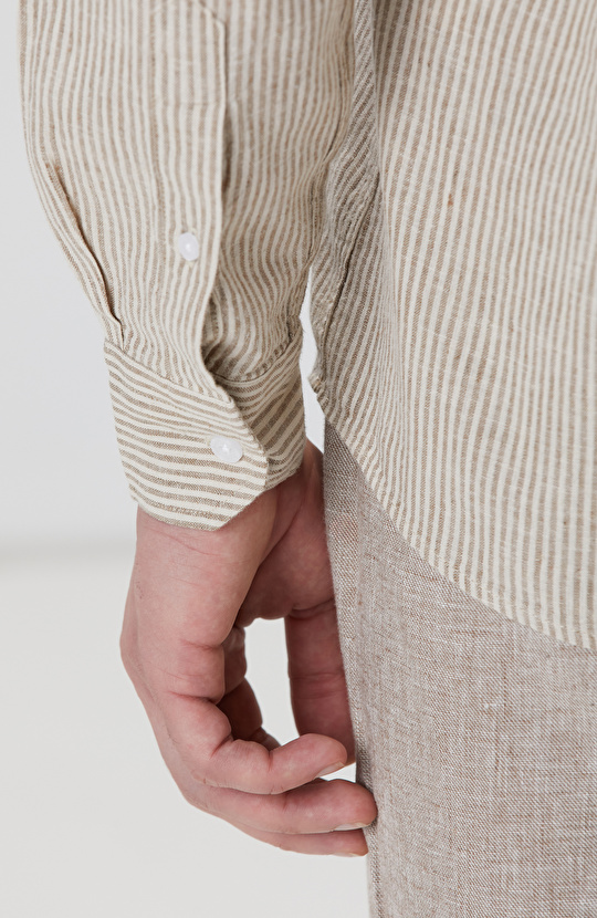 Vizon Çizgili Keten Karışımlı Gömlek