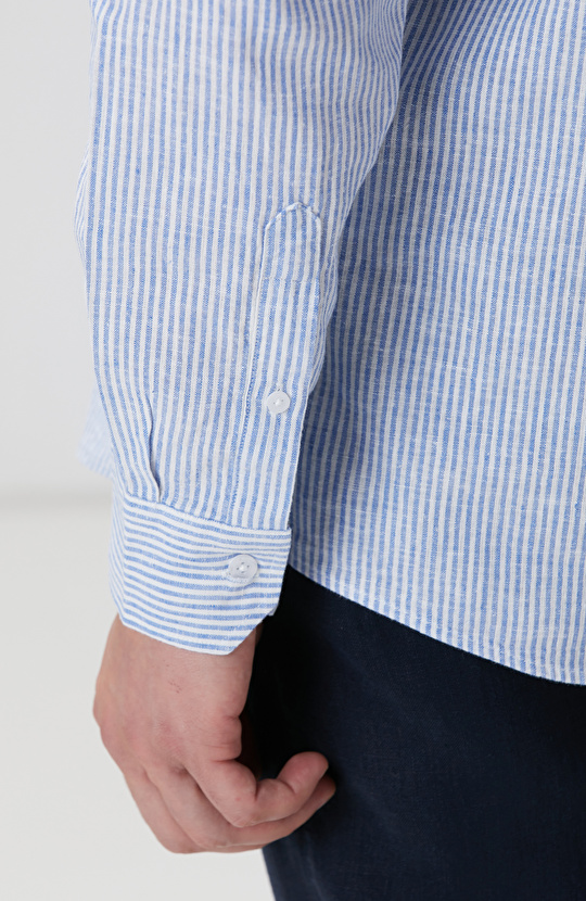 Mavi Beyaz Çizgili Keten Karışımlı Gömlek
