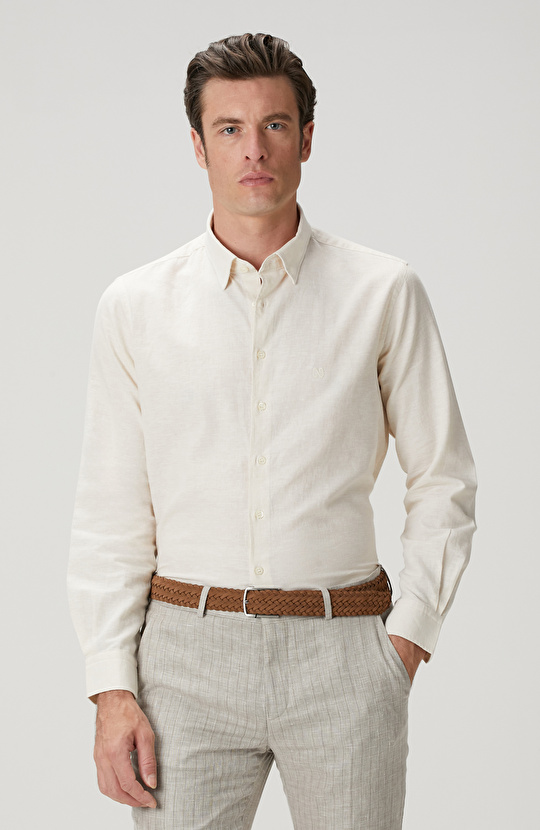 Kırık Beyaz Keten Karışımlı Gömlek