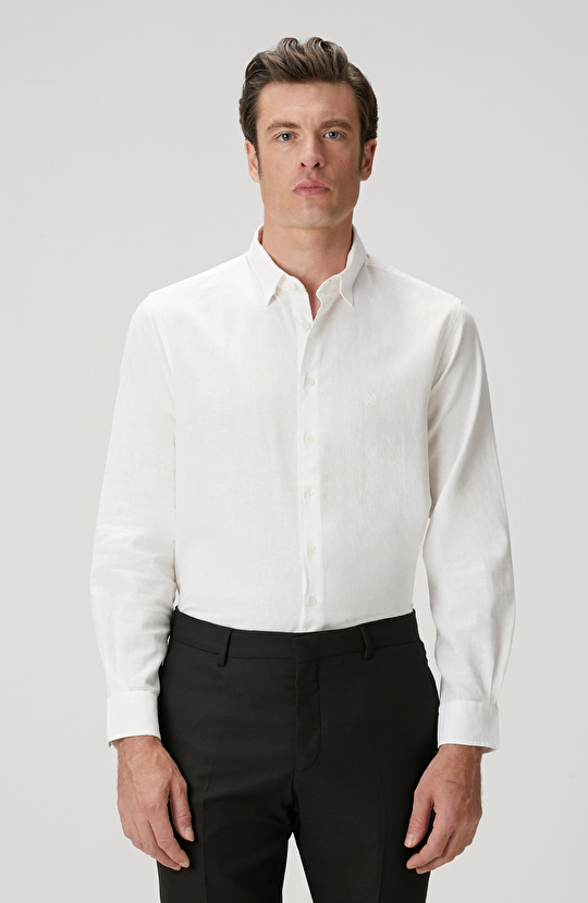 Beyaz Keten Karışımlı Gömlek