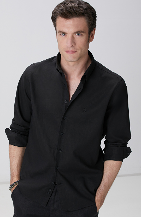 Siyah Keten Karışımlı Gömlek