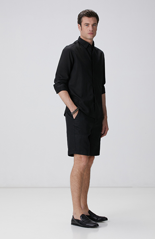 Siyah Keten Karışımlı Gömlek