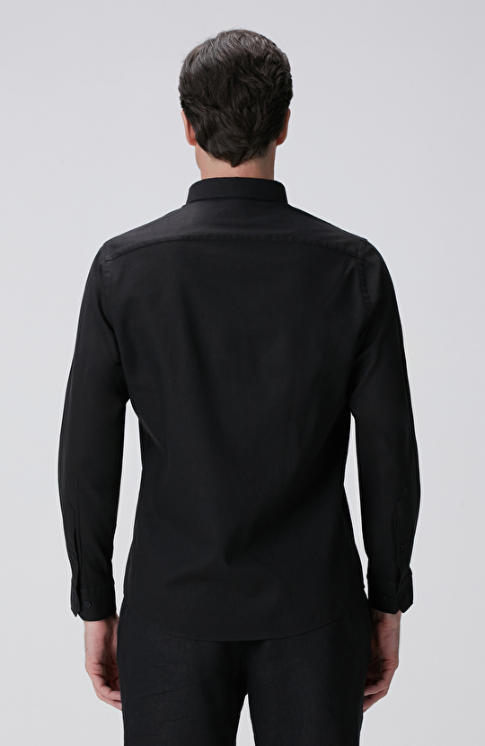 Siyah Keten Karışımlı Gömlek