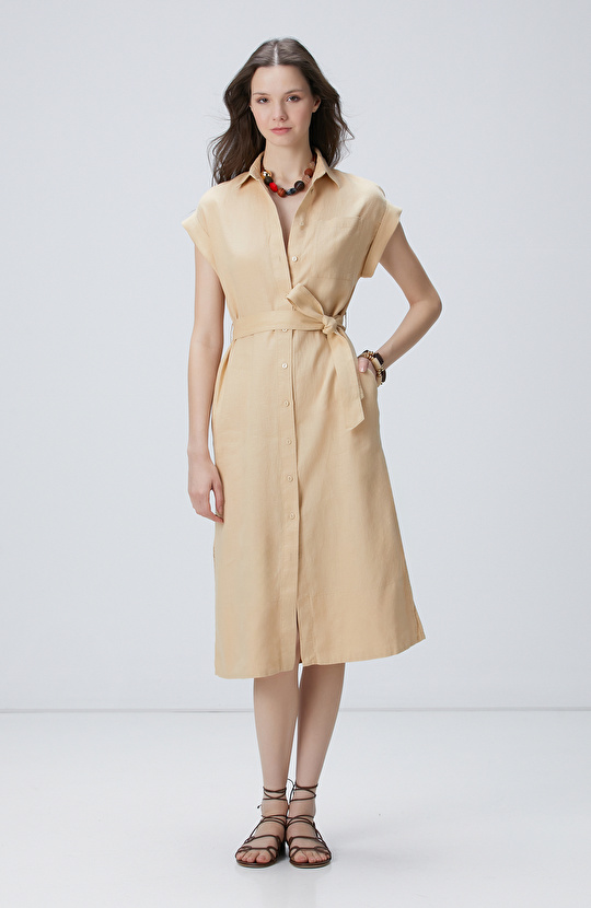 Bej Keten Midi Elbise