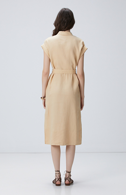 Bej Keten Midi Elbise