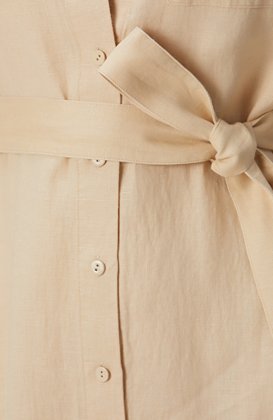 Bej Keten Midi Elbise