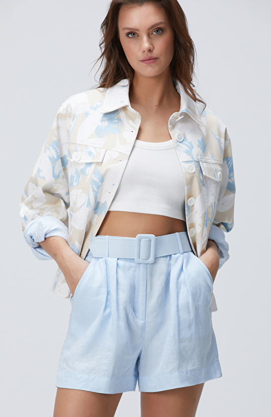 Açık Mavi Keten Şort