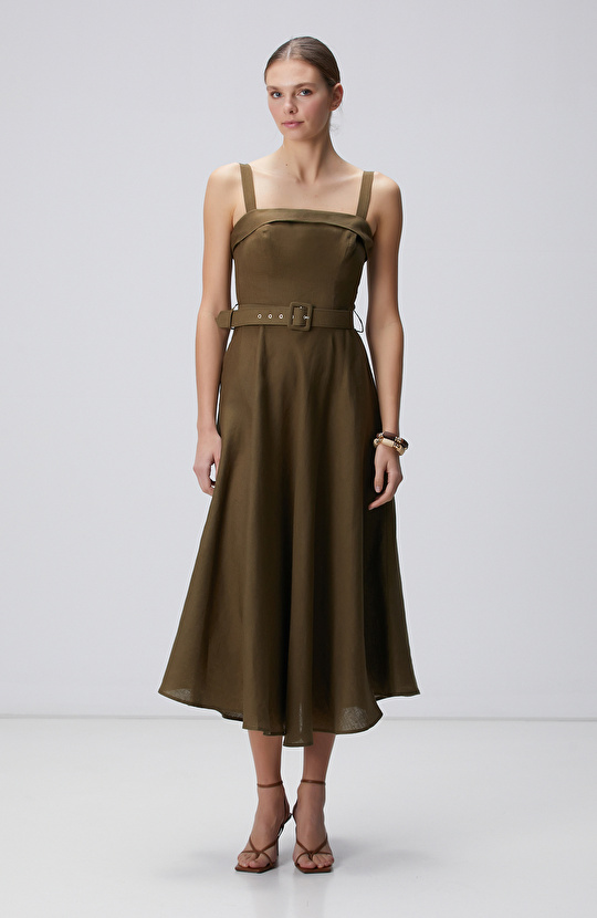 Haki Midi Keten Elbise