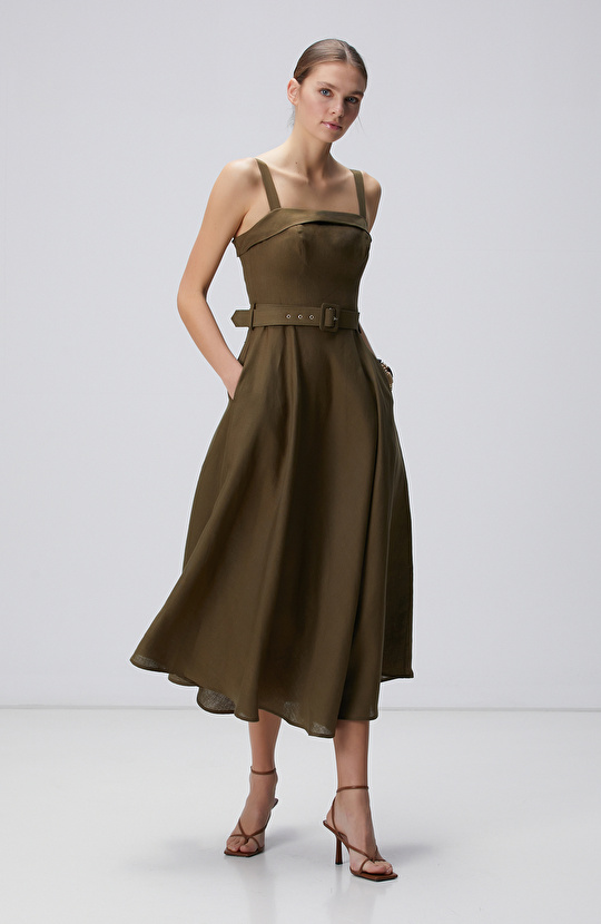 Haki Midi Keten Elbise