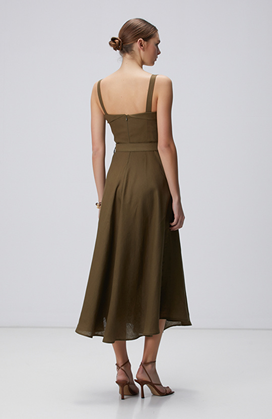 Haki Midi Keten Elbise