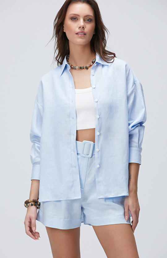 Açık Mavi Keten Gömlek