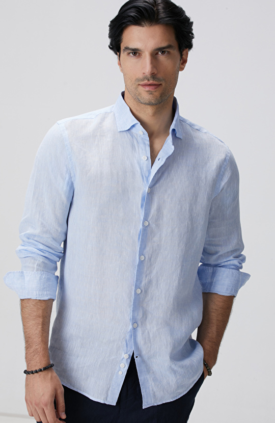 Açık Mavi Keten Gömlek