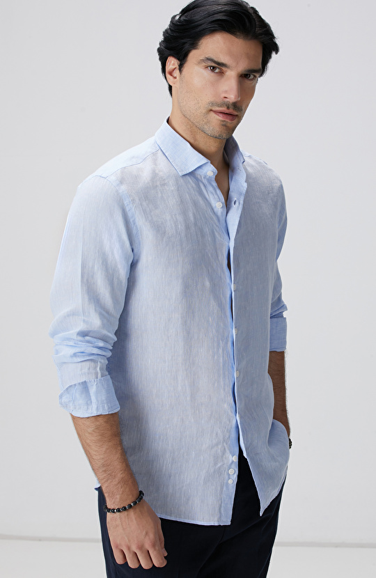 Açık Mavi Keten Gömlek