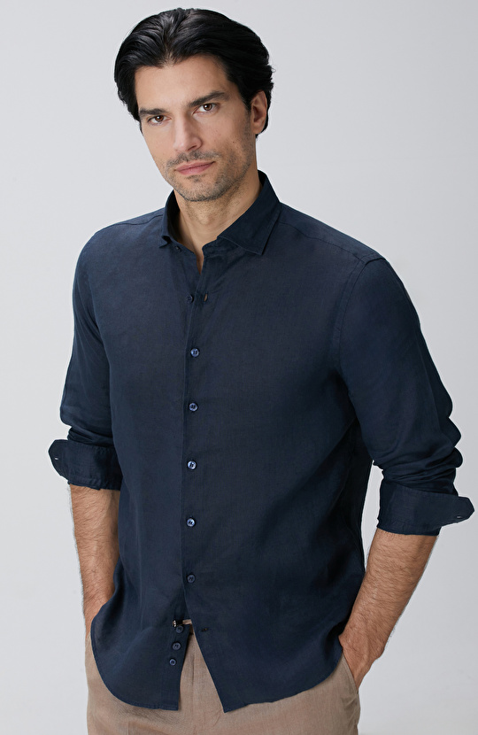 Lacivert Keten Gömlek