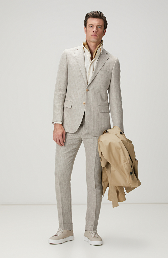 Limited Loro Piana Kumaşından Üretilen Bej Keten İpek Karışımlı Takım Elbise