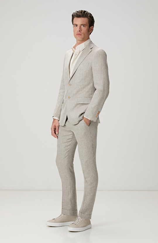 Limited Loro Piana Kumaşından Üretilen Bej Keten İpek Karışımlı Takım Elbise