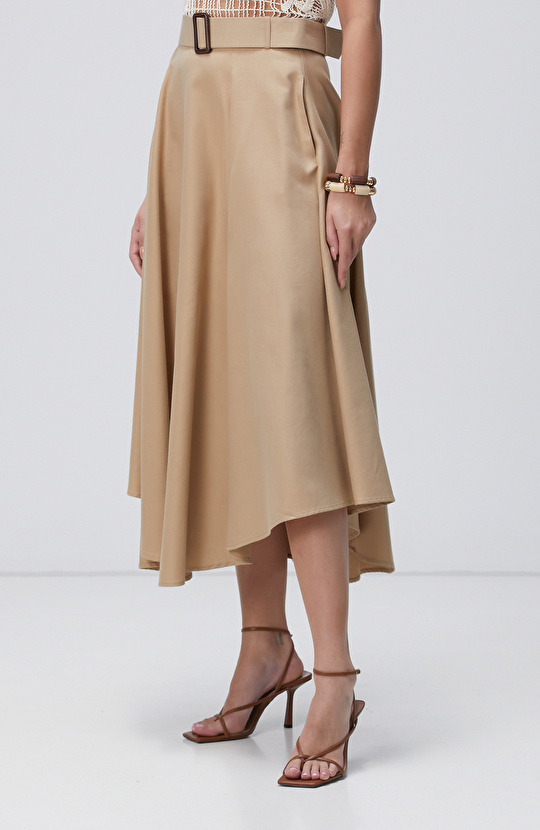 Bej Kemerli Midi Etek