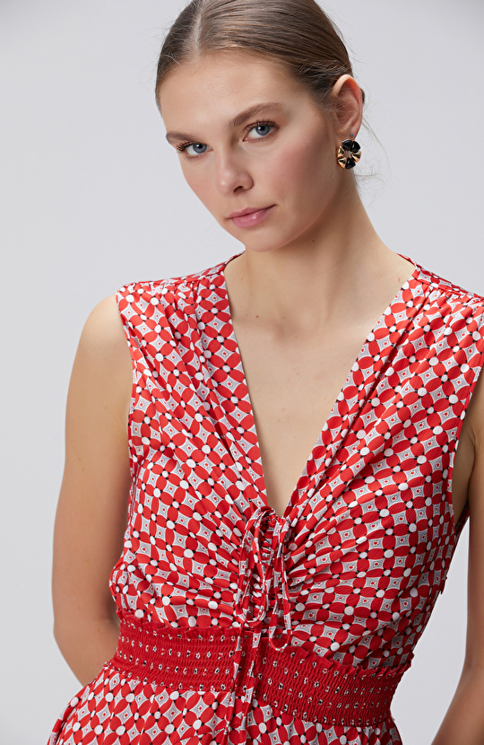 Kırmızı Desenli Mini Elbise