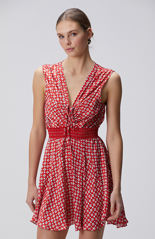 Kırmızı Desenli Mini Elbise