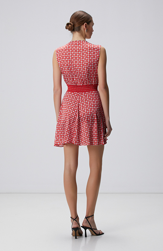 Kırmızı Desenli Mini Elbise