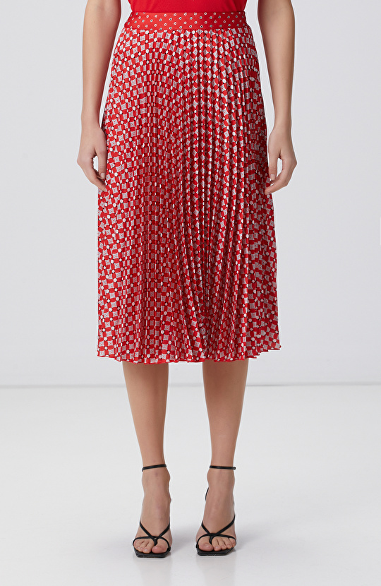 Kırmızı Desenli Midi Etek