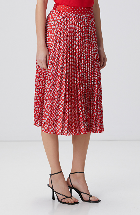 Kırmızı Desenli Midi Etek