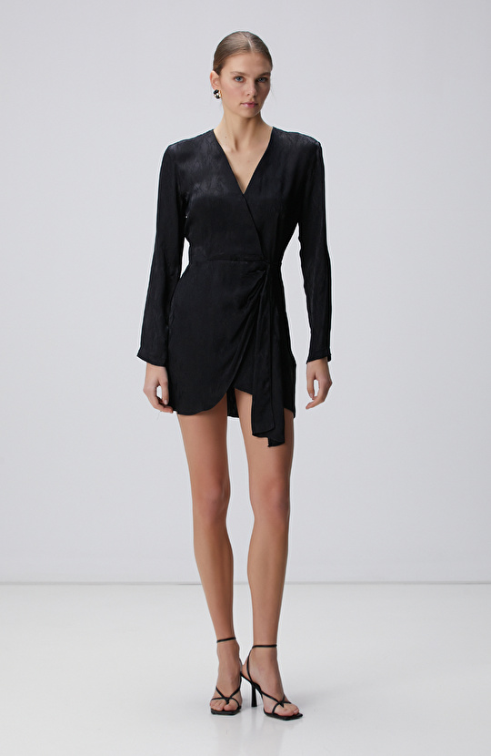 Siyah Jakar Desenli Mini Elbise