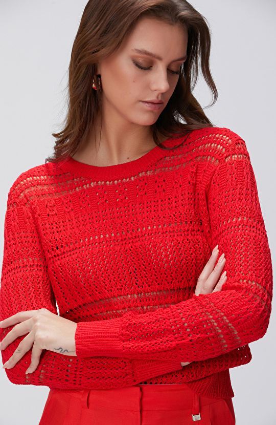 Kırmızı Örgü Detaylı Triko Kazak