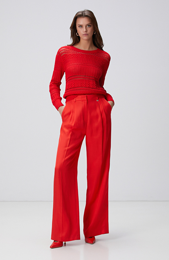 Kırmızı Örgü Detaylı Triko Kazak