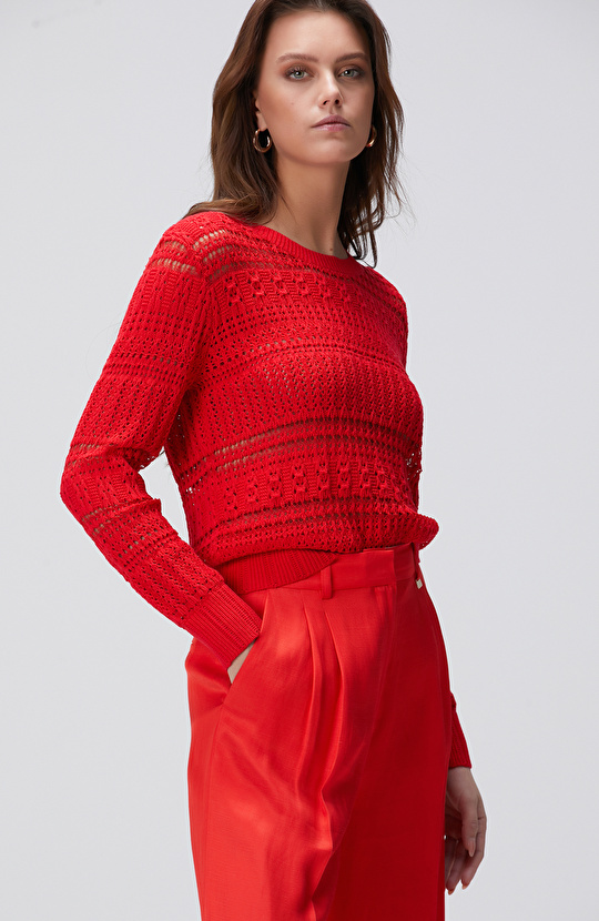 Kırmızı Örgü Detaylı Triko Kazak