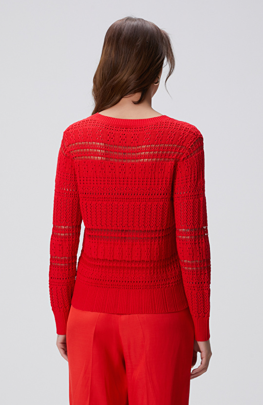 Kırmızı Örgü Detaylı Triko Kazak