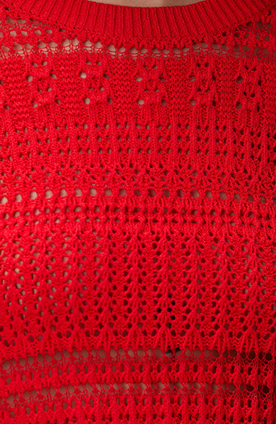 Kırmızı Örgü Detaylı Triko Kazak