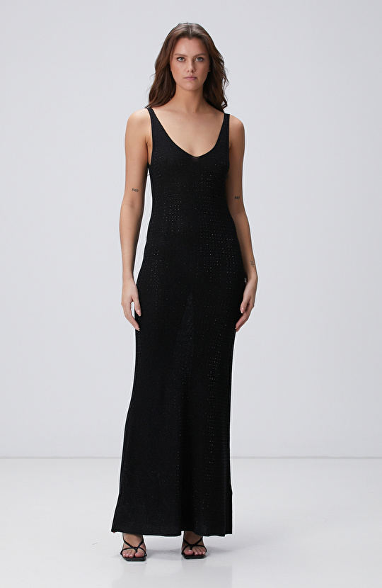 Siyah Taşlı Maksi Abiye Elbise