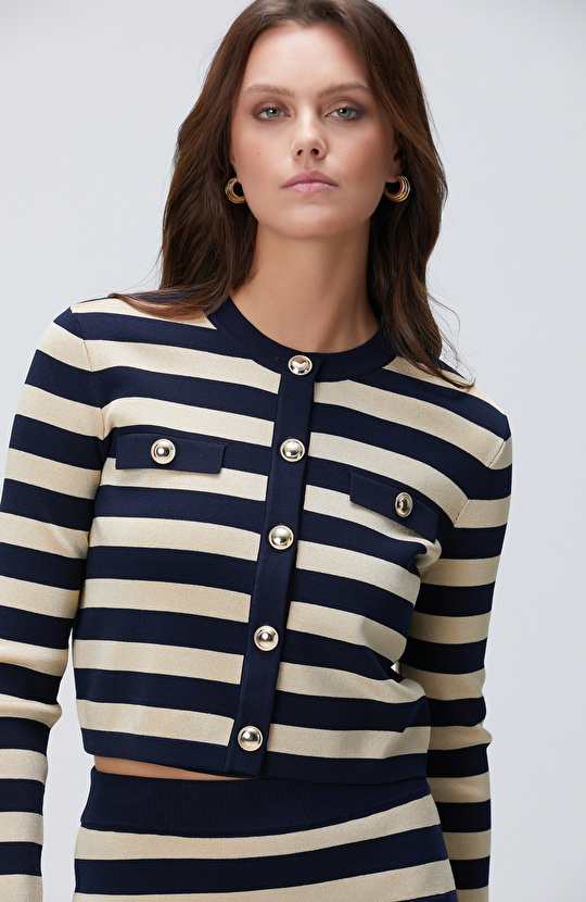 Lacivert Gold Çizgili Triko Ceket