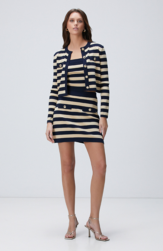 Lacivert Gold Çizgili Triko Ceket