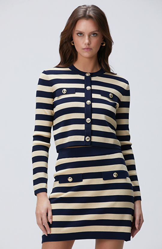 Lacivert Gold Çizgili Triko Ceket