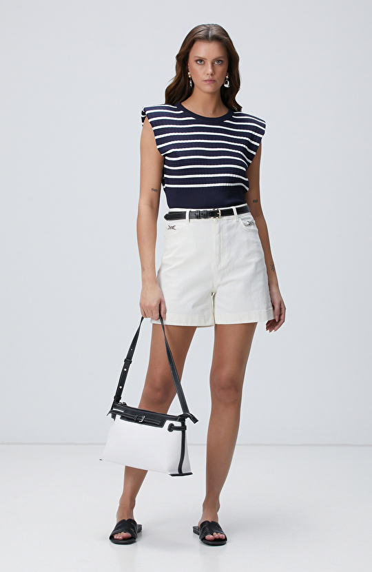 Beyaz Lacivert Düşük Kol Çizgili Triko