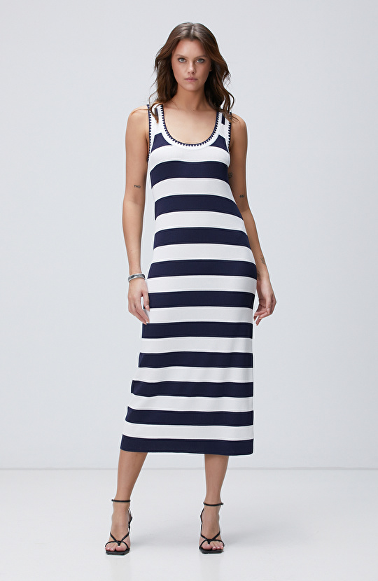 Beyaz Lacivert Çizgili Elbise