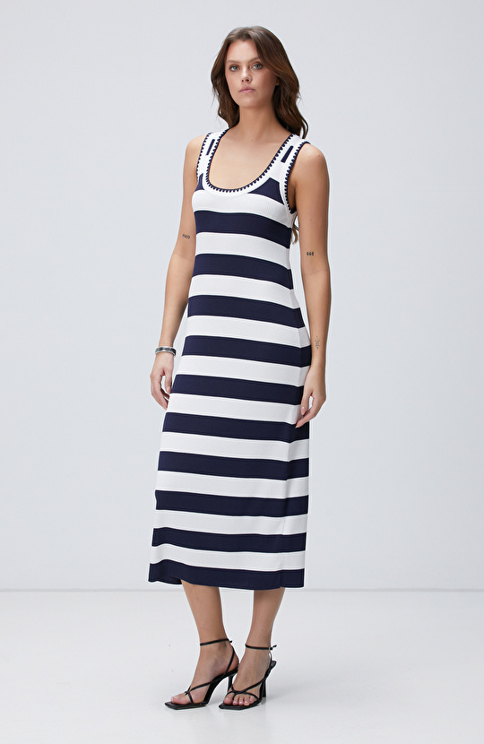 Beyaz Lacivert Çizgili Elbise