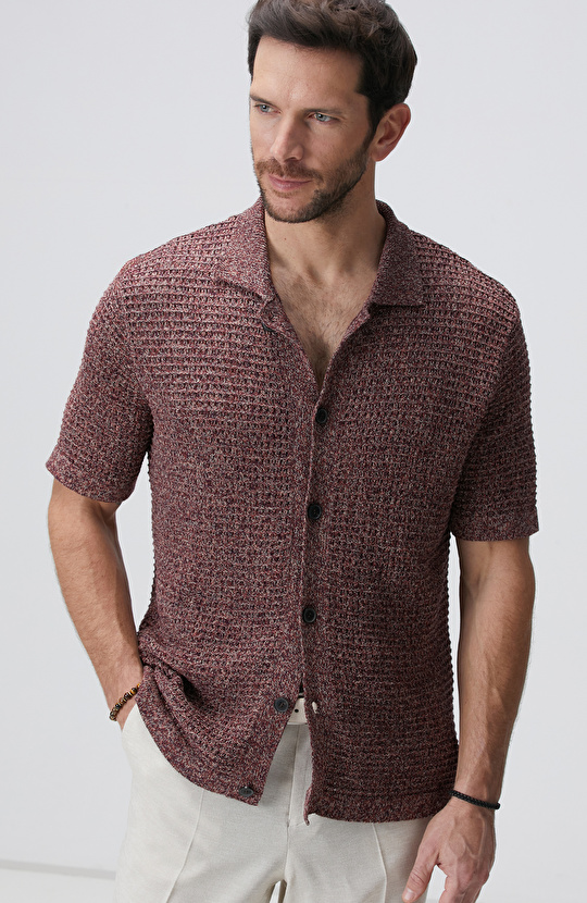 Bordo Keten Karışımlı Triko Hırka