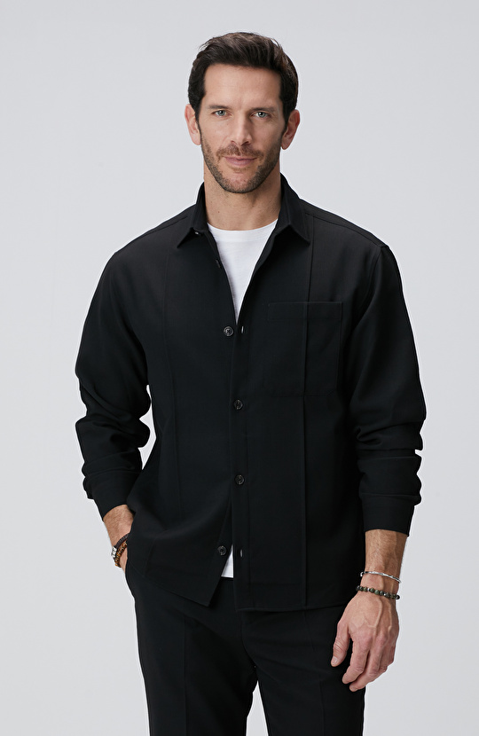 Siyah Yün Karışımlı Dış Ceket