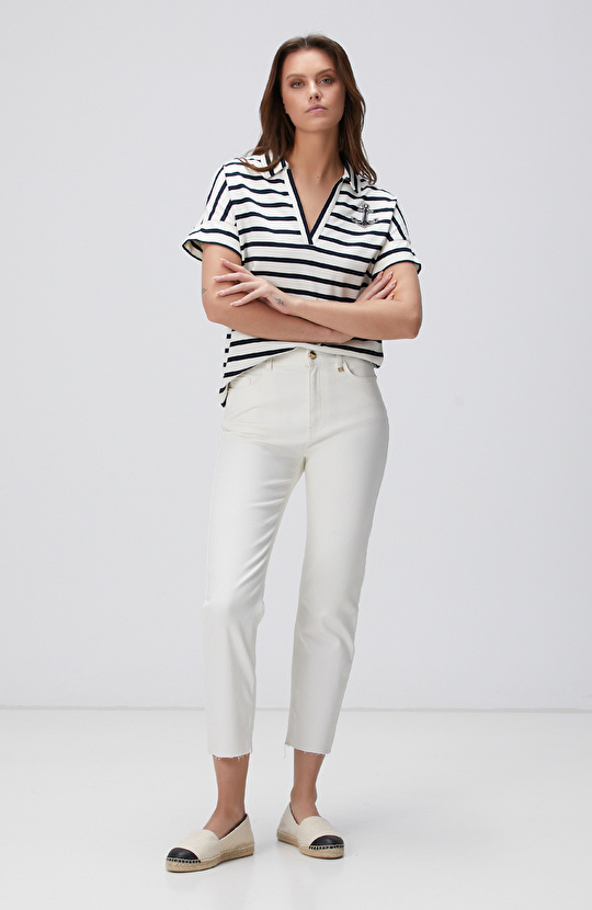 Kırık Beyaz Denim Pantolon