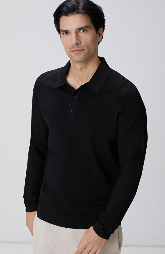 Siyah Polo Yaka Triko Kazak