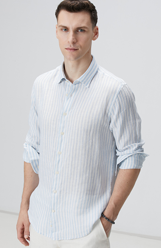 Mavi Beyaz Keten Gömlek