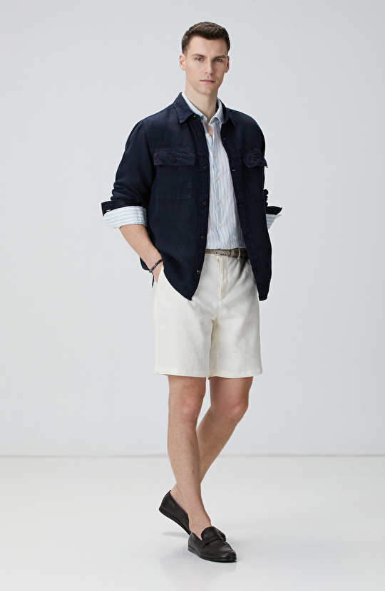 Mavi Beyaz Keten Gömlek