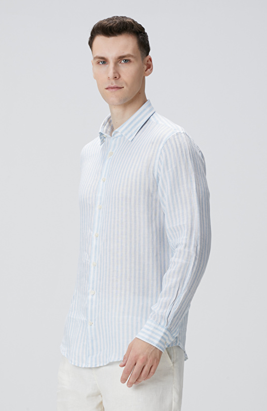 Mavi Beyaz Keten Gömlek