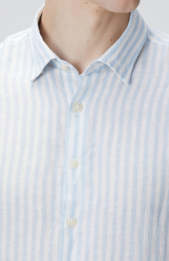 Mavi Beyaz Keten Gömlek