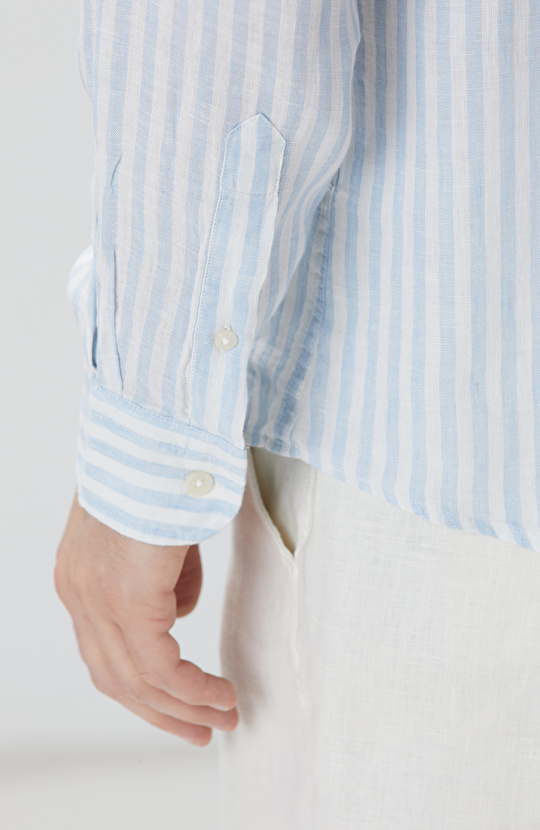 Mavi Beyaz Keten Gömlek