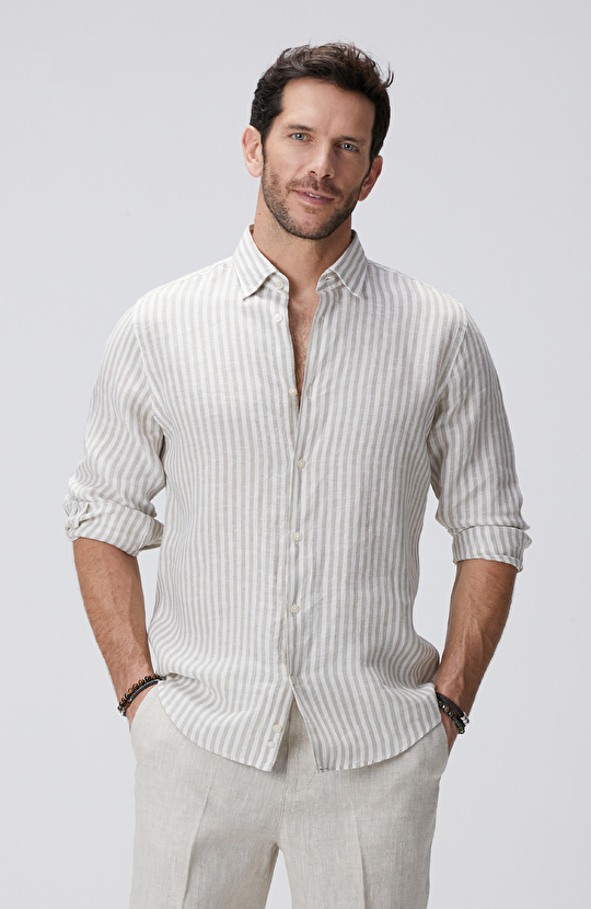 Haki Beyaz Keten Gömlek