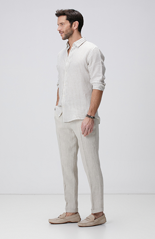 Haki Beyaz Keten Gömlek
